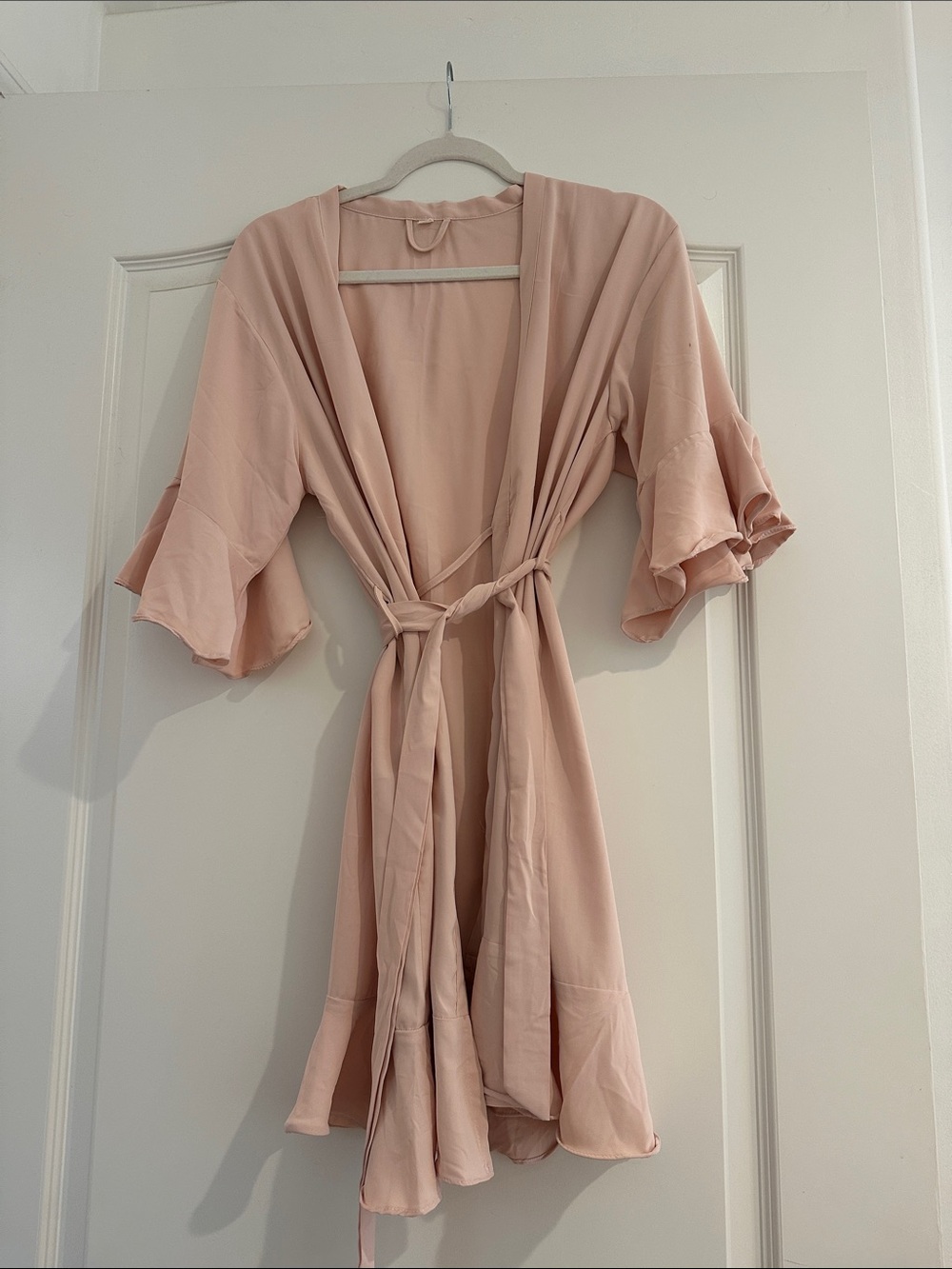 Light Blush Satin-Feel Kimono Robe with Ruffle Sleeves